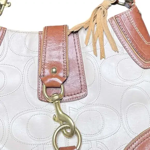 Coach Hamptons Collection Signature Embossed Leather Medium Hobo Bag Brown Cream - Picture 5 of 6